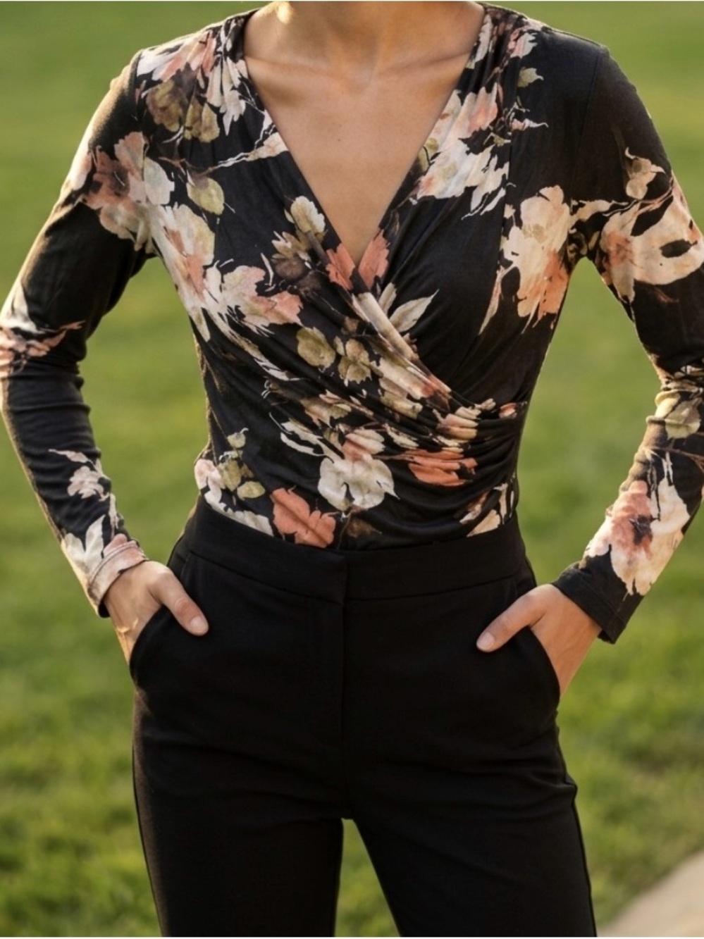 le chateau Black Floral Wrap-Front Long Sleeve Top